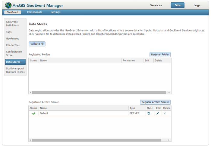 GeoEvent Manager でデータ ストアを表示して管理します。 GeoEvent Manager でデータ ストアを表示して管理します。
