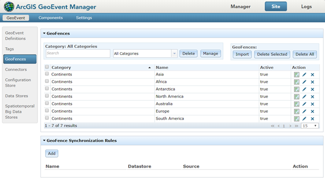 GeoEvent Manager でジオフェンスを表示して管理します。 GeoEvent Manager でジオフェンスを表示して管理します。
