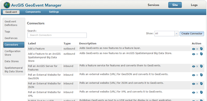 GeoEvent Manager でコネクタを表示、作成、および管理します。 GeoEvent Manager でコネクタを表示、作成、および管理します。