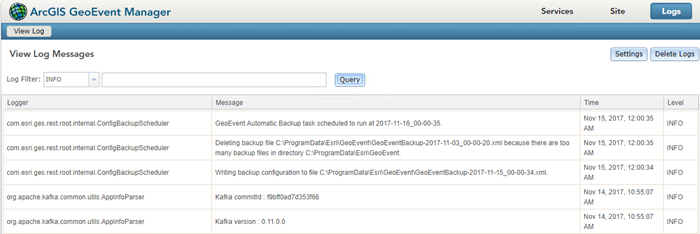 ArcGIS GeoEvent Manager にメッセージを記録します。 ArcGIS GeoEvent Manager にメッセージを記録します。
