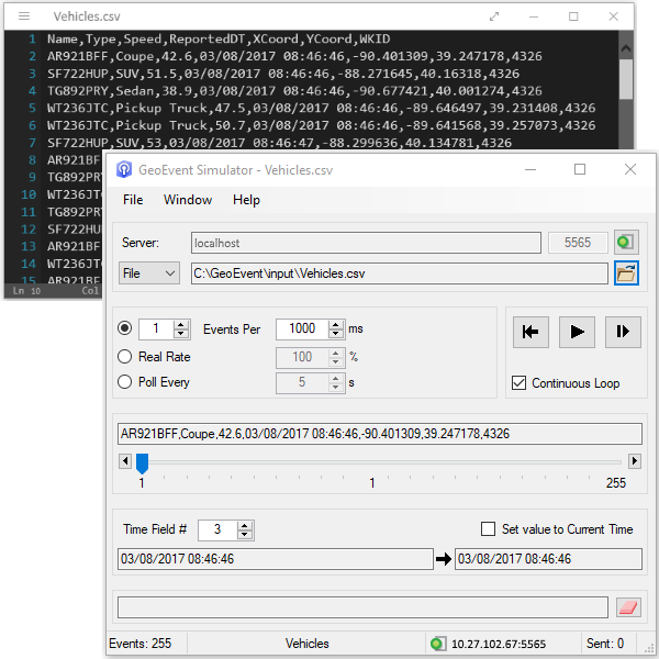 GeoEvent Simulator を使用して送信される区切りテキスト GeoEvent Simulator を使用して送信される区切りテキスト