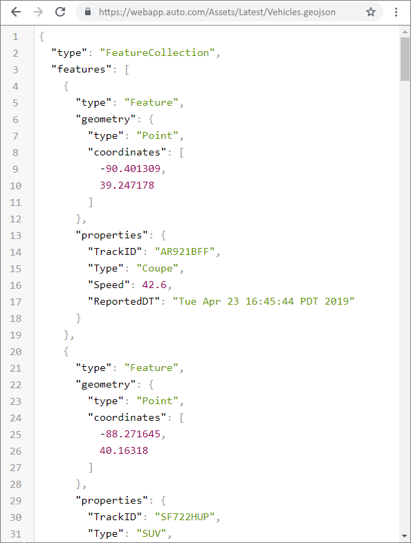 GeoJSON FeatureCollection の一部として整理されたイベント レコード GeoJSON FeatureCollection の一部として整理されたイベント レコード