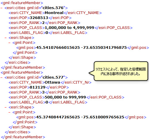 フィルターされた GetFeature 操作によって返された指定した座標範囲にある都市 フィルターされた GetFeature 操作によって返された指定した座標範囲にある都市
