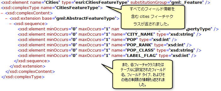 DescribeFeatureType 操作によって返されたフィーチャクラス、テーブル、およびフィールド情報 DescribeFeatureType 操作によって返されたフィーチャクラス、テーブル、およびフィールド情報